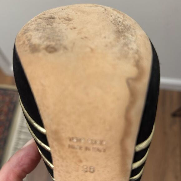 Christie Morris Black Suede & Gold Reptile Stiletto Ankle Strap Shoes. Size 38. - Picture 9 of 11